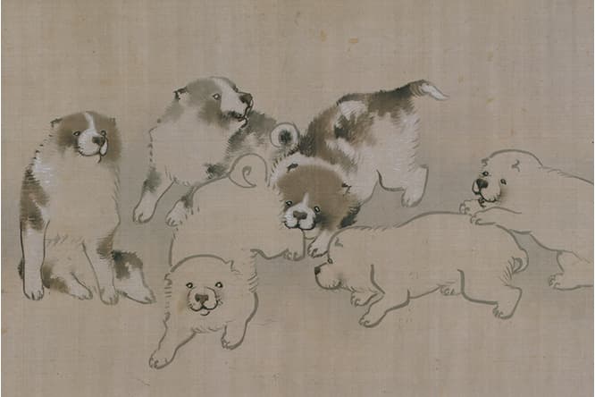 重要美術品 《花鳥遊魚図巻》長沢芦雪筆（部分）。 江戸時代・18 世紀 文化庁蔵。仲のよさそうな子犬たち。目も尻尾も丸くて愛らしさが倍増だ。  