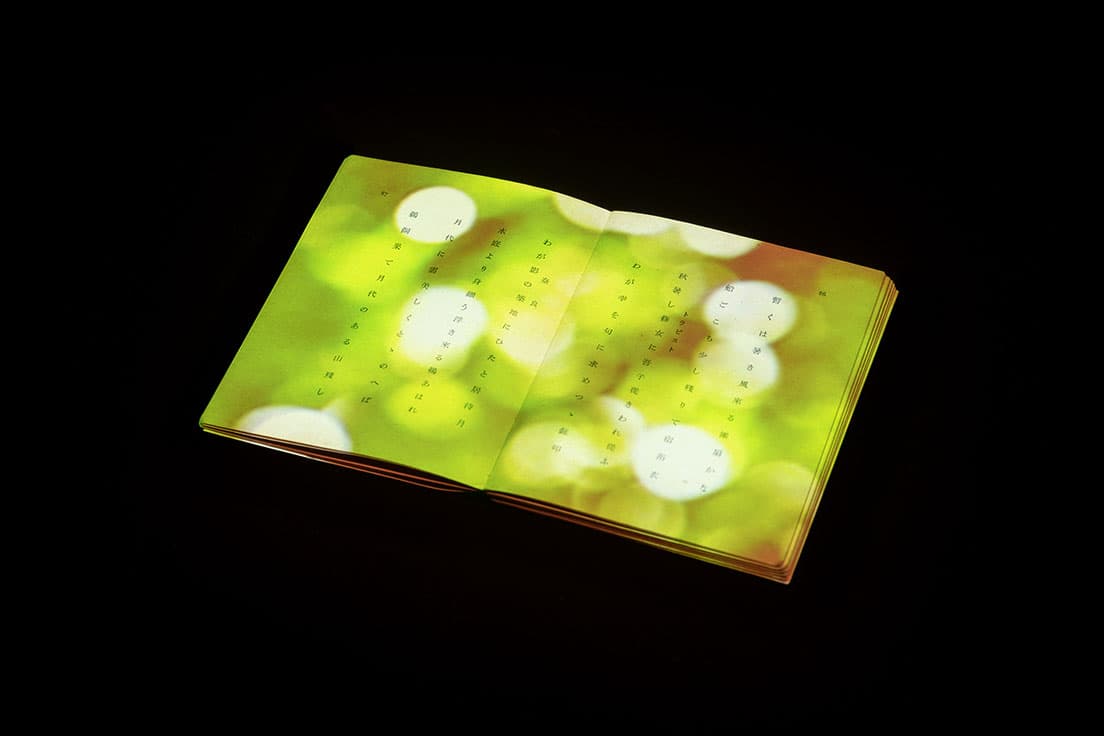 《光の曝書（星野立子の句集）》（2021年）。古書に木漏れ日の映像が投影されている。「曝書」とは本の虫干しの意味。