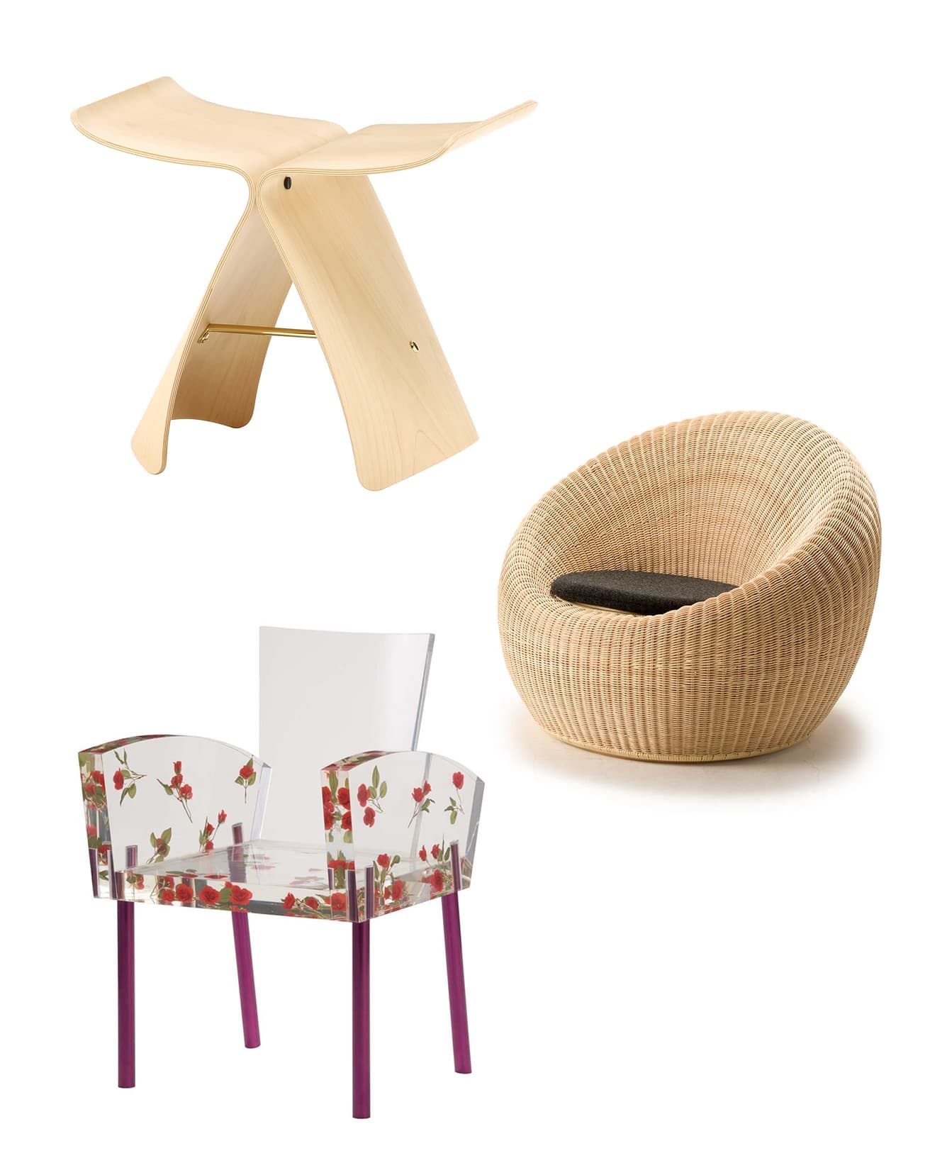 （写真上）柳宗理の《バタフライスツール》、（写真中）剣持勇の《アームレスチェア》、（写真下）倉俣史朗の《ミスブランチ》。