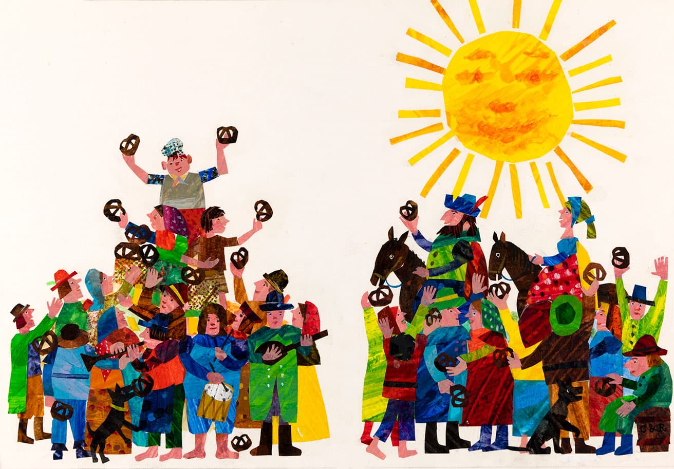 祖母から聞いたドイツの民話が元になった作品。エリック・カール『プレッツェルのはじまり』1995年版。Collection of the Eric and Barbara Carle Foundation. (c)  1972, 1995 Penguin Random House LLC.