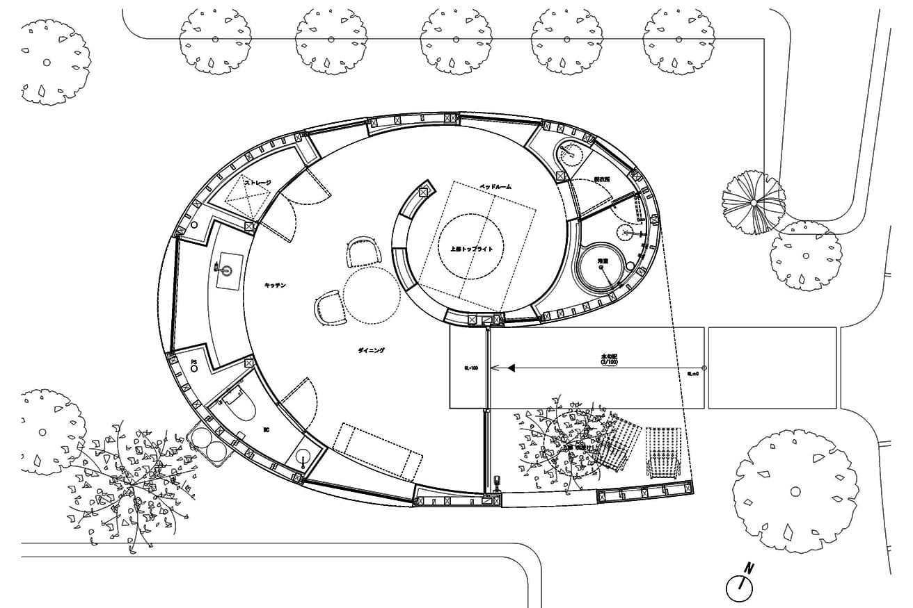 外に向かって開かれたエントランスから、うずまきの中心に進むと次第にパーソナルな空間へと変化する、連続した体験になっている。