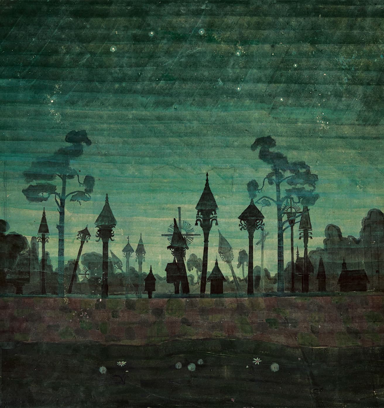 《リトアニアの墓地》1909年、テンペラ/厚紙　北斗七星の下の墓地。民族の象徴である、リトアニアに古くから伝わる自然崇拝や祖霊信仰とキリスト教とが結びついた装飾豊かな十字架が描かれる。