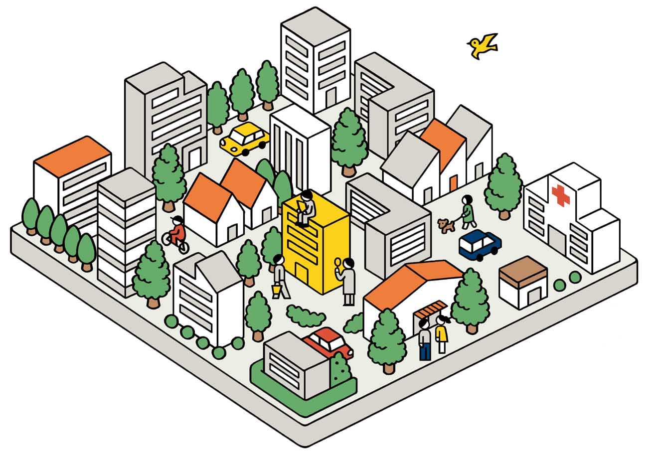 〈クルリブ〉のメインビジュアル。飯田将平率いるidoのディレクションのもと、〈クルリブ〉が街並みを楽しく彩っていく様子を添田あきのイラストで表現している。