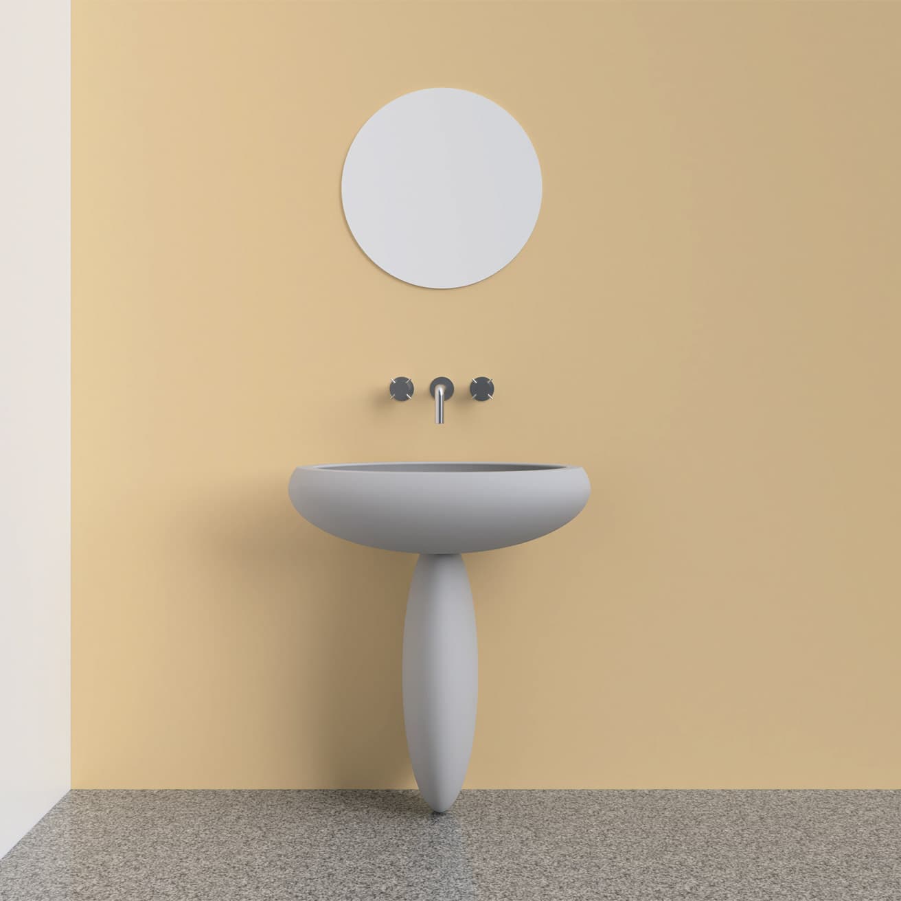 自然に着想を得た、オーガニックな洗面台。
自然の中で長い時間をかけて柔らかな丸みを帯びた石。それを積み上げたような人造大理石製の洗面台の提案だ。