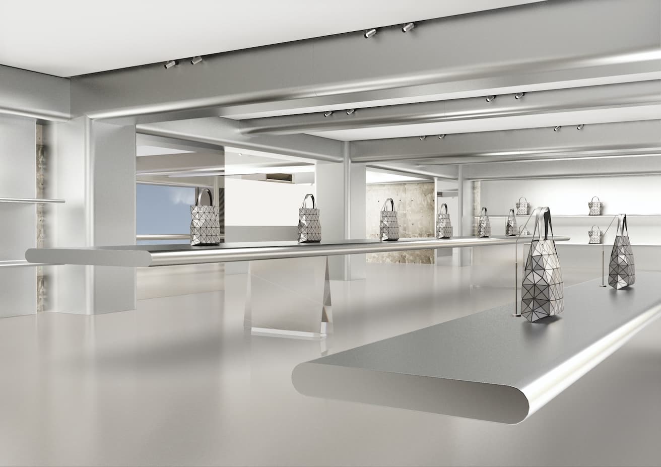 全ラインナップが集結。クリエイターや専門家とともに三角ピースの可能性を追求する「BAO BAO ISSEY MIYAKE LAB.」も始動する。© ISSEY MIYAKE INC. Store design: TOKUJIN YOSHIOKA + TYD