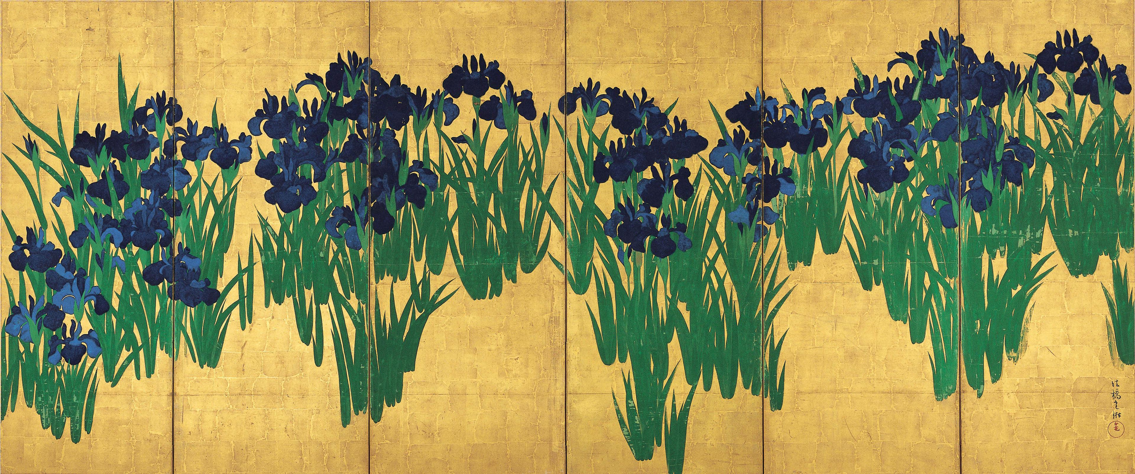 国宝《燕子花図屏風》（右隻）尾形光琳筆　６曲1双　紙本金地着色　日本・江戸時代　18世紀	根津美術館蔵。地面も空も描かれず、花と葉がリズミカルに並ぶ。