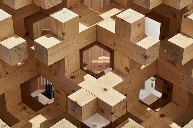 北川原温《ミラノ国際博覧会2015日本館 木組インフィニティ》（部分）。紀州産のヒノキを使った。香りがほんのりと漂い、五感で建築を感じる展示であることを教えてくれる。