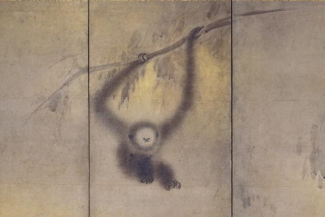 長谷川等伯《竹林猿猴図屏風》（右隻部分）。父ザルの長い手の先に注目。枝を移動するために逆手で持っている。
