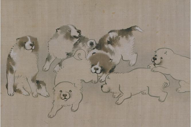 重要美術品 《花鳥遊魚図巻》長沢芦雪筆（部分）。 江戸時代・18 世紀 文化庁蔵。仲のよさそうな子犬たち。目も尻尾も丸くて愛らしさが倍増だ。  