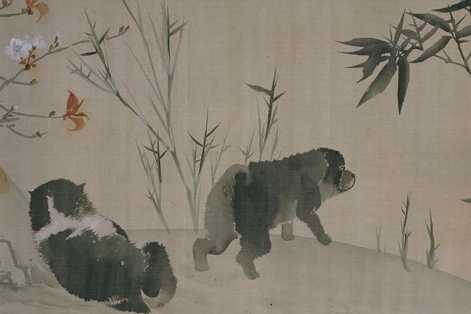 《花鳥遊魚図巻》長沢芦雪筆（部分）。硬い竹の葉と柔らかい犬の毛の表現の対比にも注目。